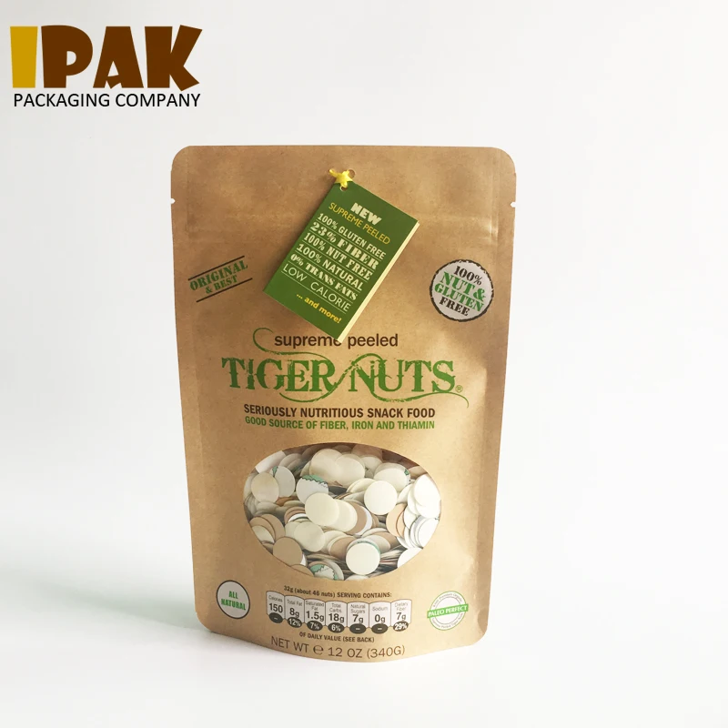 Wholesale 100% recycled laminated kraft paper mylar zipper window stand up bags for food packaging