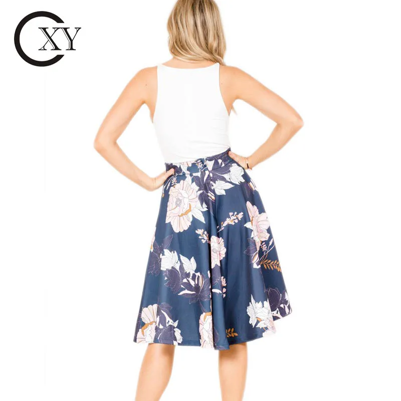 European And American Fashion Custom Women Elegant Navy Floral Midi Skirts