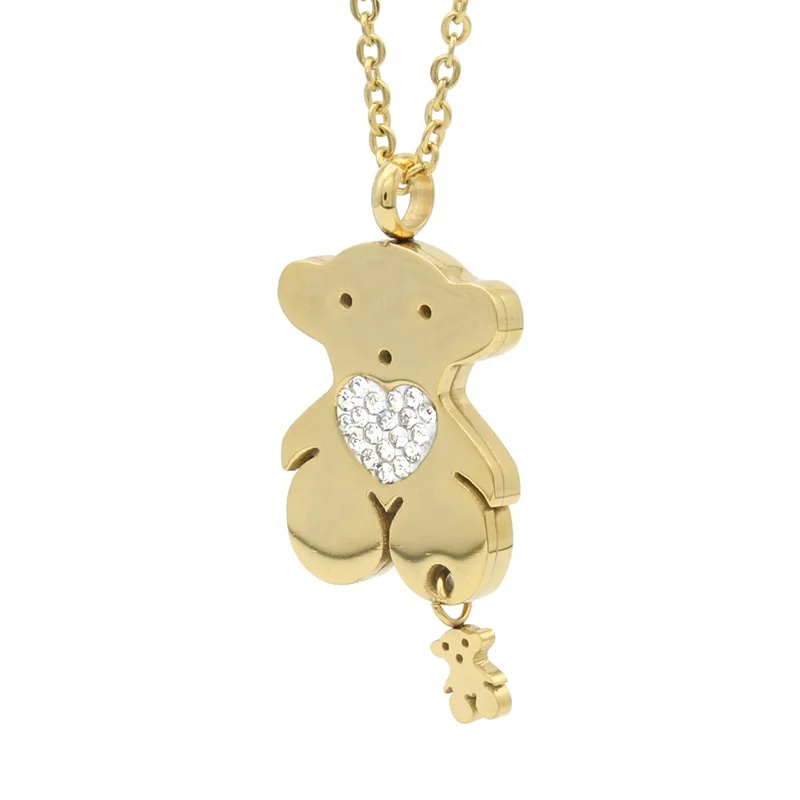 Fashionable Bear Shaped Stainless Steel Artificial Gold Crystal Rhinestone Necklace Set
