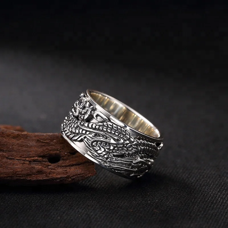 100% S925 Sterling Silver Ring Classic Retro Dragon Engraved Opening Shape Rock Jewelry Party Gift