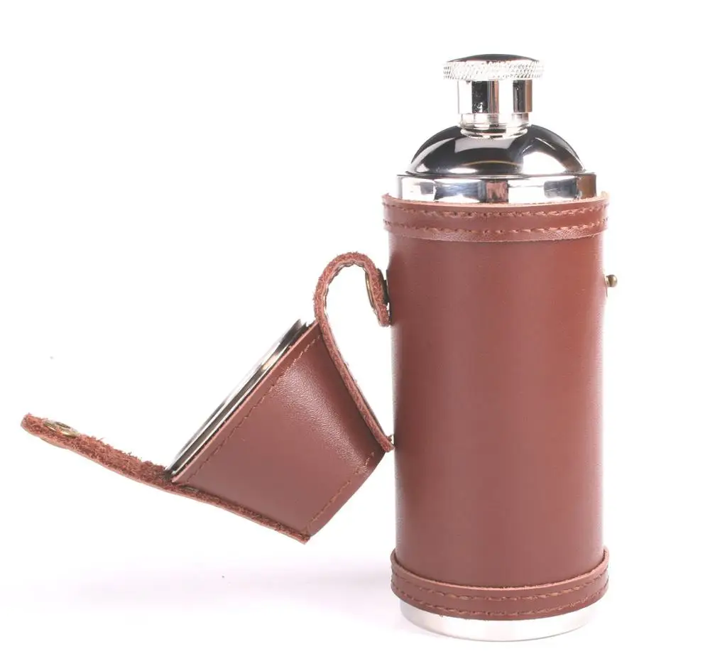 
Stainless Steel 8oz Round Brown Vintage Leather Hip Flask with 2 Concealed Cups in Lid 