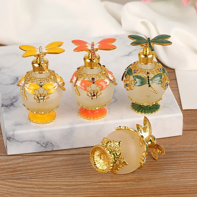 25ml round shaped metal alloy green dragonfly perfume bottle empty glass essential oil bottles with stainless bar#70010