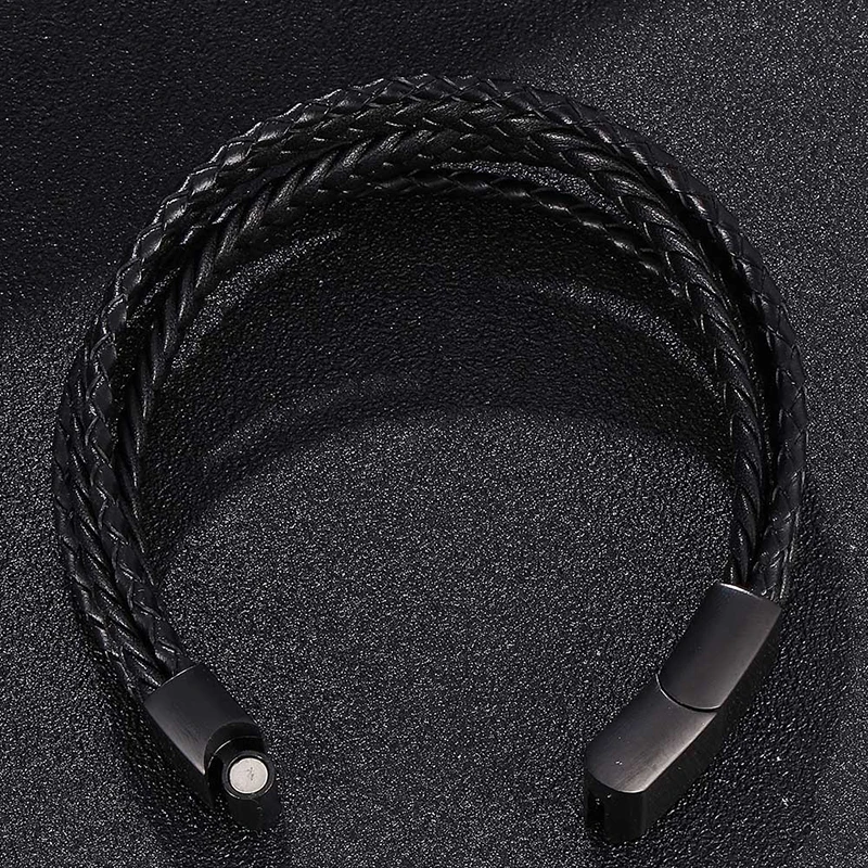 Fashionable Jewelry Multi Layer Leather Braided Bracelet Stainless Steel Black Magnet With Genuine Leather Bracelet Men