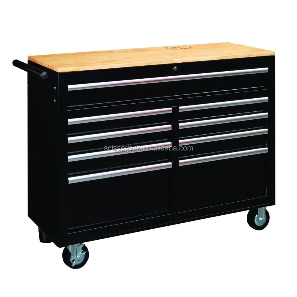 
46 in. 9 Drawer Mobile Workbench with Solid Wood Top 