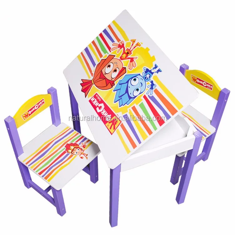 
New Design Children Study Table Chair With Drawer Cute Cartoon Printing High Quality Wooden Student Table Chairs 