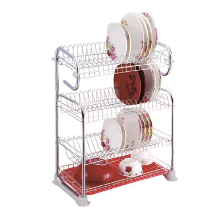 4 Tiers Chrome Dish Rack Dish Drain Rack with Plastic Drip Tray