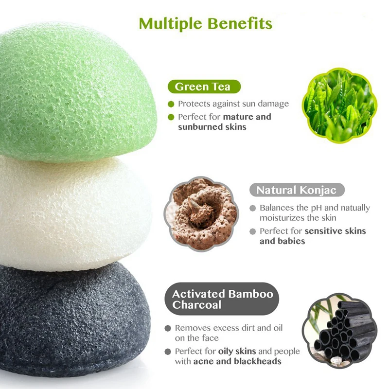 Натуральная бамбуковая Коньячная губка с древесным углем для чувствительной, жирной и подверженной акне кожи для мягкой и глубокой очистки и отшелушивания