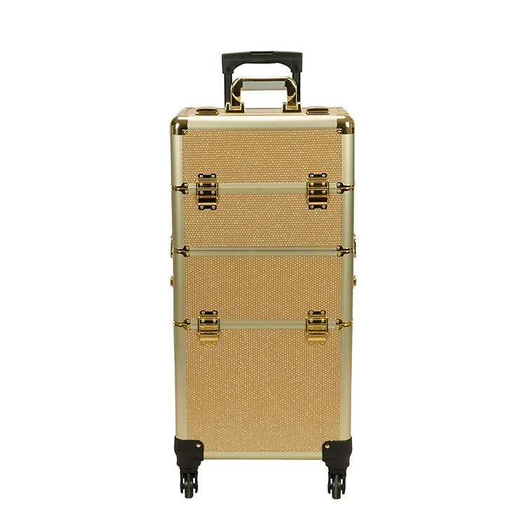 Gold durable bling aluminum suitcase abs trolley makeup artist case