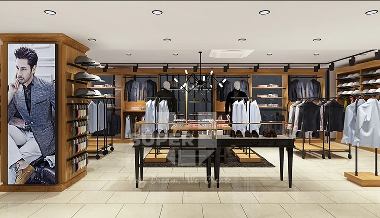 Modern Garment Shop Interior Layout Decoration Design Customized Gold Clothes Rack Shelves Shop Counter Design For Garment Store