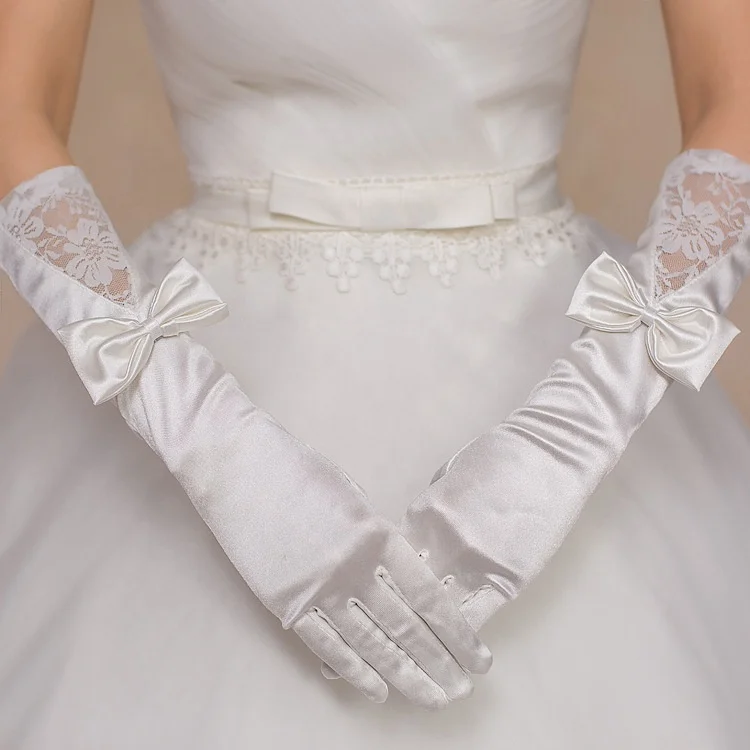 bride long satin bow lace gloves