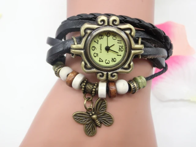 Wholesale Handmade Wrap Leather Braided Bead Wood Rope Bracelet Men Women Bracelet Butterfly Charm Watch