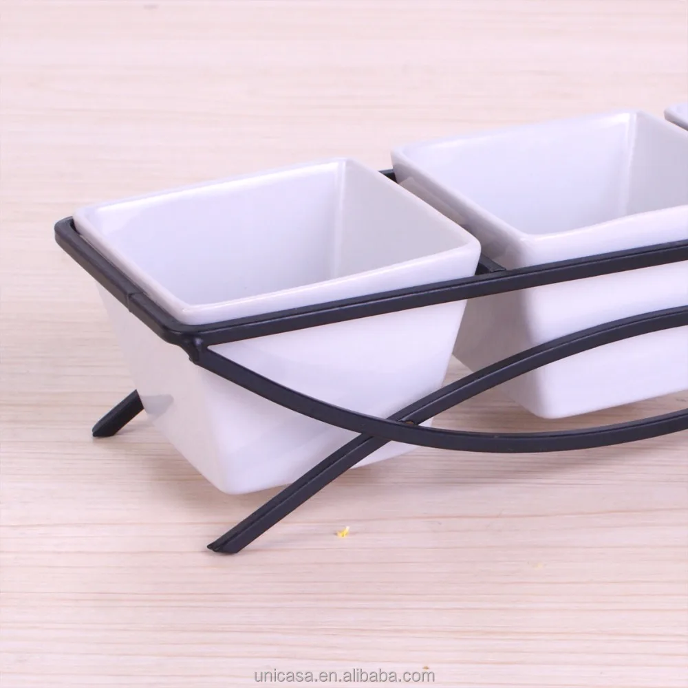 Hot Selling Snack Food Ceramic Dish Tableware White Ceramic Snack Bowls  With Metal Stand