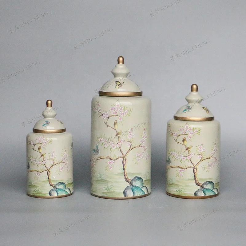 
Flower and bird painting ceramic jar for gift decoration 