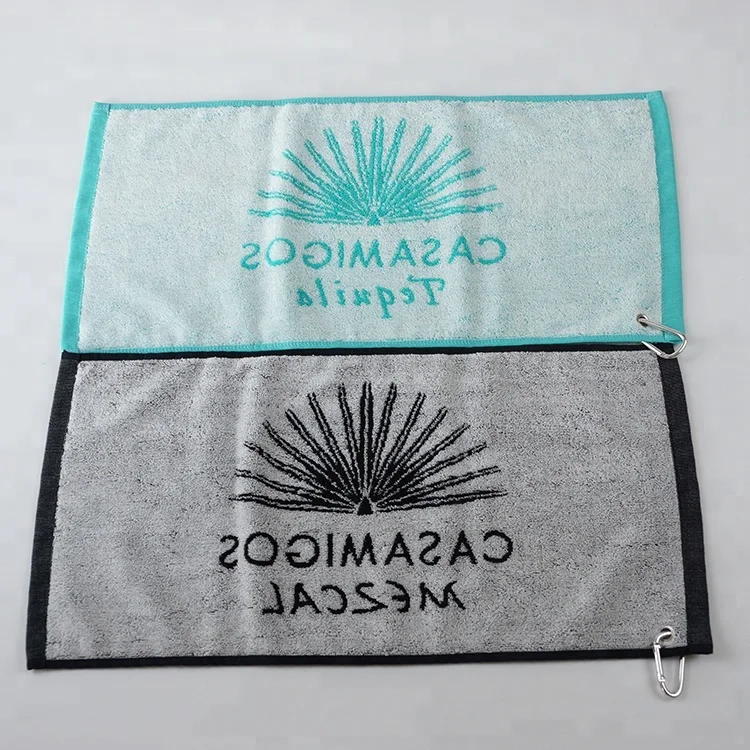 100% cotton Yarn dyed jacquard logo woven sport face towel custom black golf gym hand towels with grommet hooks
