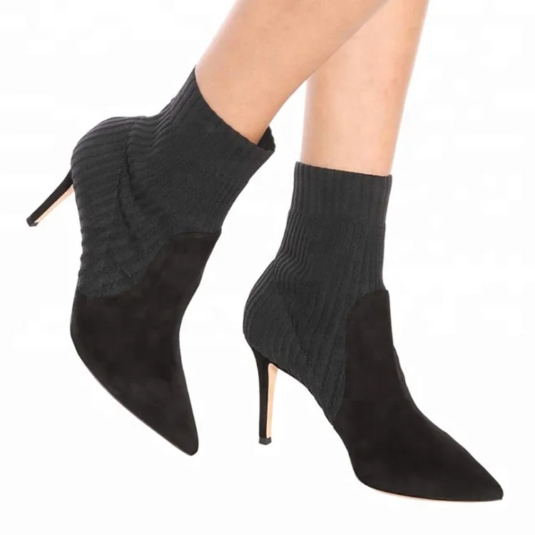 Ladies Knitting Sock Upper High Heel Women Black Ankle Boots