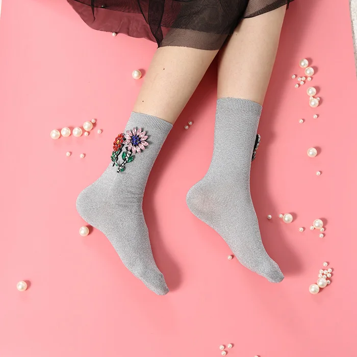 Женские носки со стразами, новинка, весенние носки до щиколотки с драгоценными камнями и цветами