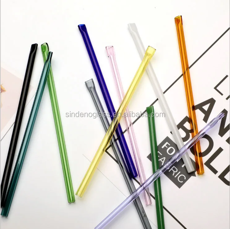 Flat End  Glass Straight Bent Clear Colorful Reusable Glass Drinking Straw With Brush