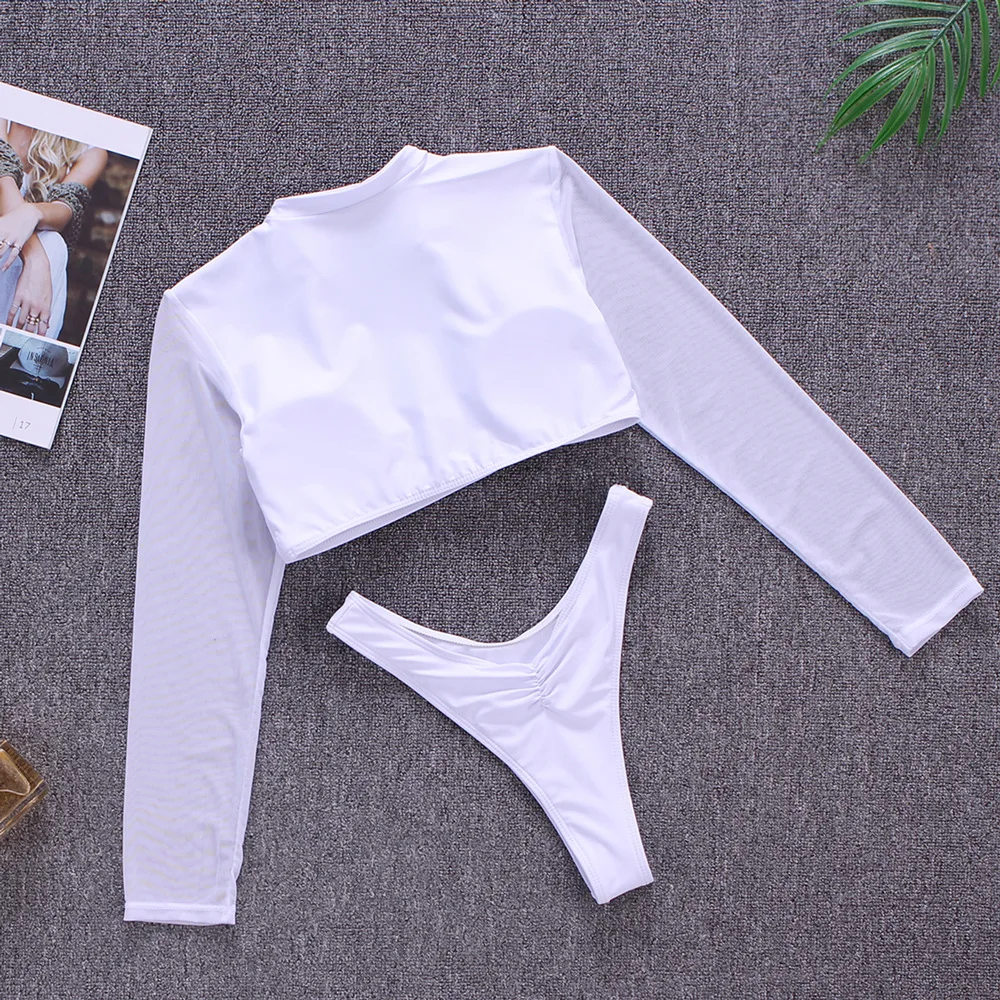 Long Sleeve Sexy Neon Mesh Crop Top Thong 2 Piece Set Extreme Micro String Women Bikini Swimwear