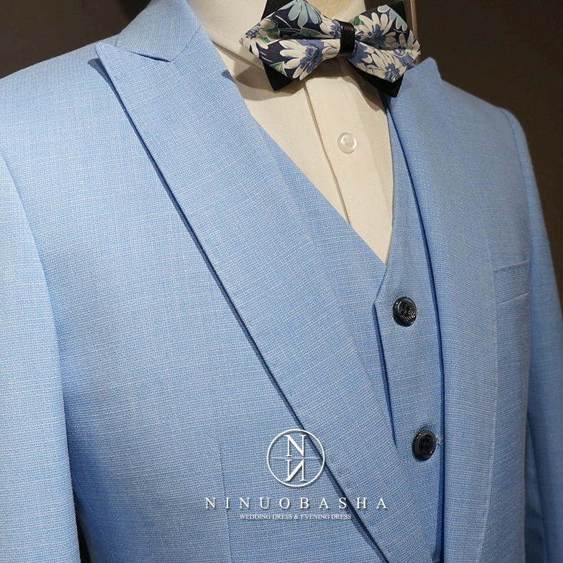 NWM130 Light Blue Color Slim Fit Men Suits 3 Pieces Suits Classic Design Bridegroom Suits