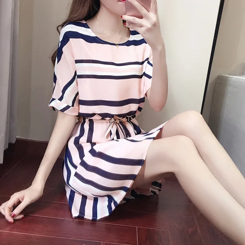 Springway 2021 Summer New Arrive Women Dresses Korean Fashion Lace Slim Stripe A-line Casual Dress Wholesale