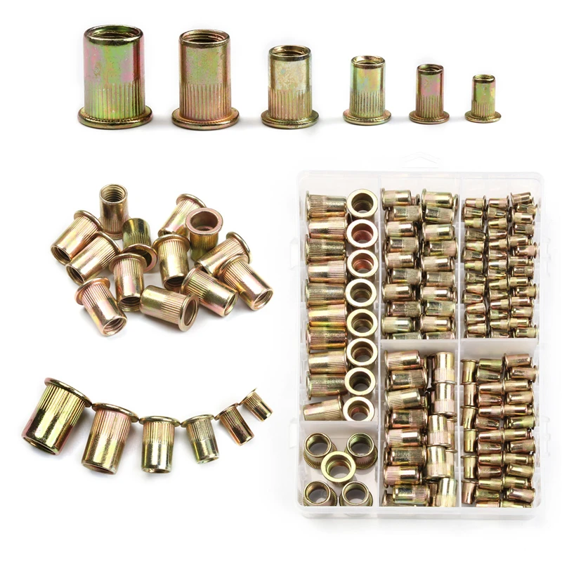 Assortment Kit M3-M12 Zinc Plated Knurled Nuts Rivnut Flat Head Threaded Rivet Insert Nutsert Cap Rivet Nut Set