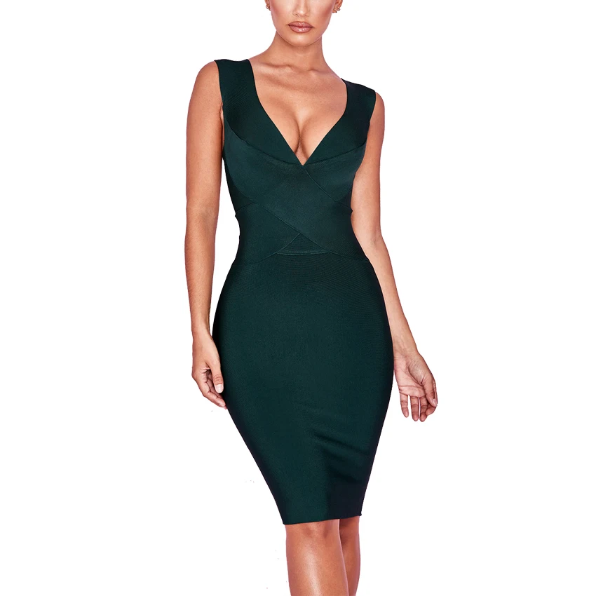 Wholesale Elegant Newest Luxury Invisible Green Women Bodycon Ladies Bandage Dresses Summer Casual Dresses Bandage Fabric Adults