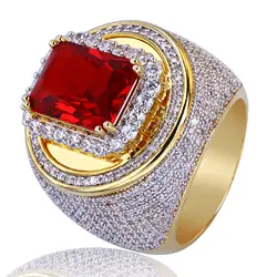 Luxury High-end High Quality 18k Solid Gold Plated Micro Pave AAA CZ Stone  Bling Bling Saudi Arabia Ruby Ring Hiphop Jewelry