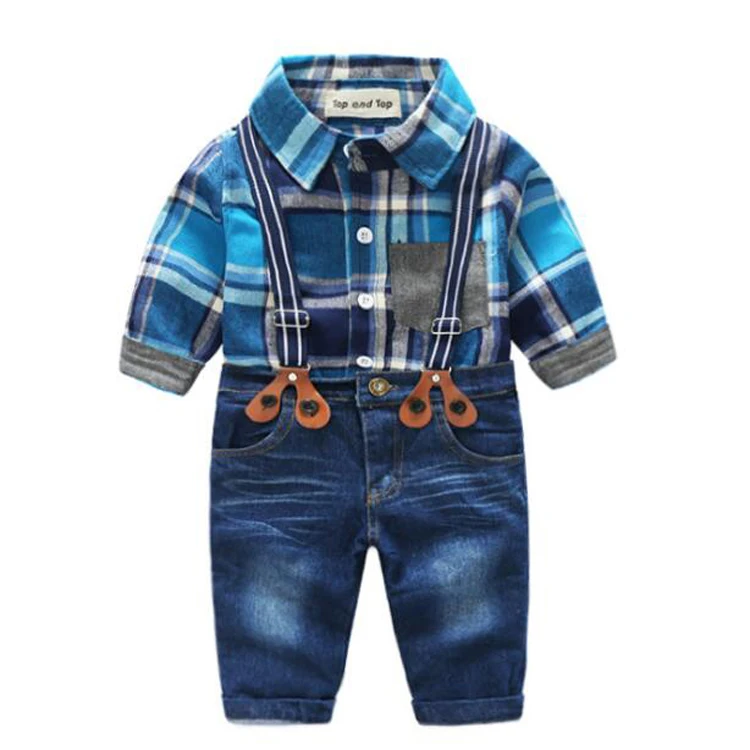 Новинка 2020, одежда для мальчиков, клетчатая синяя рубашка, джинсы, стильная одежда, костюмы для маленьких мальчиков, комбинезоны, брючный костюм для мальчиков
