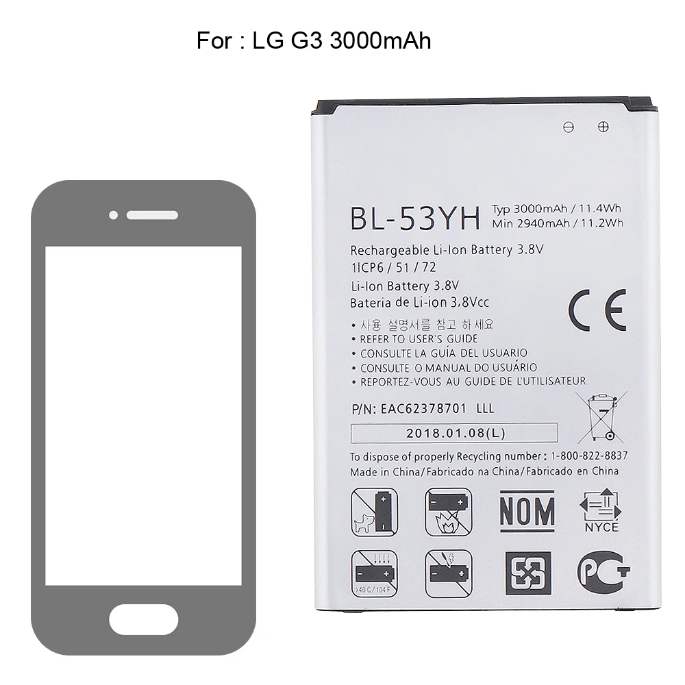 
mobile phone battery gb t18287-2000 3.7v li-ion for LG G3 BL-53YH phone battery 