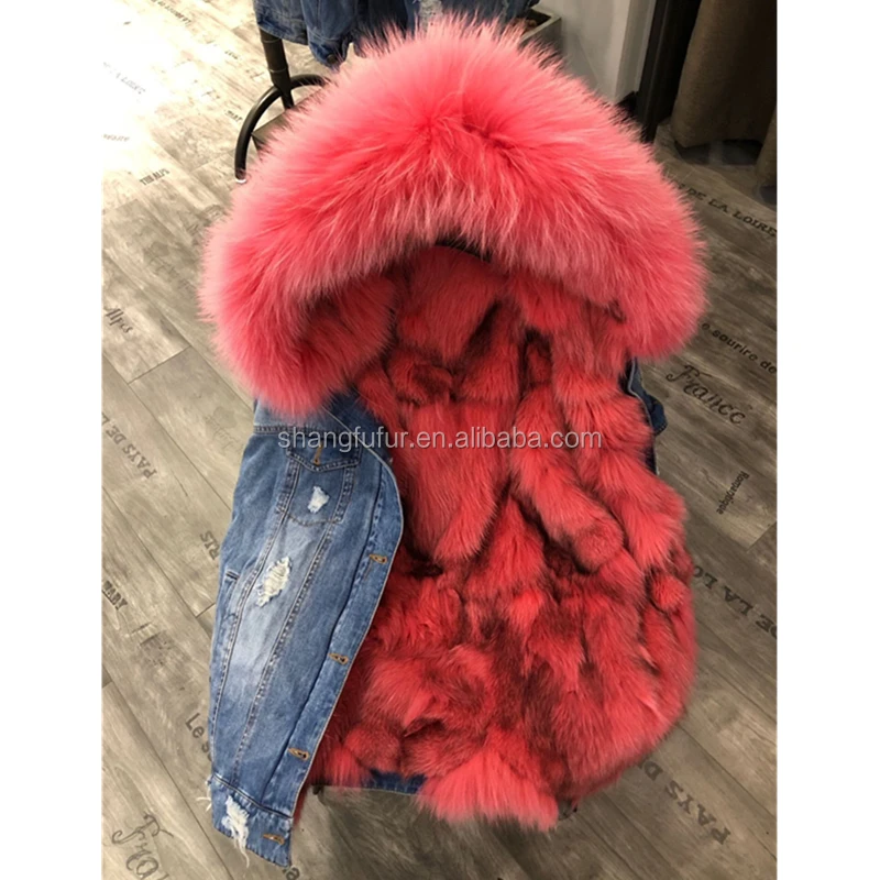 
SF0423 Jeans Denim Jacket With Real Raccoon Fur Collar Fox Lining Woman Winter Coat 