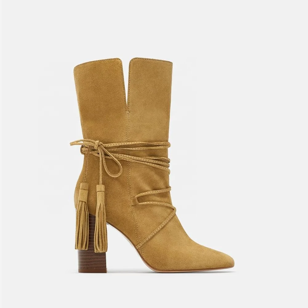 
MANRINO-0299 Tan Color Tassel Decor Womens Zipper Up Block High Heel Combat Desert Boots 2019 Fashion Trends 