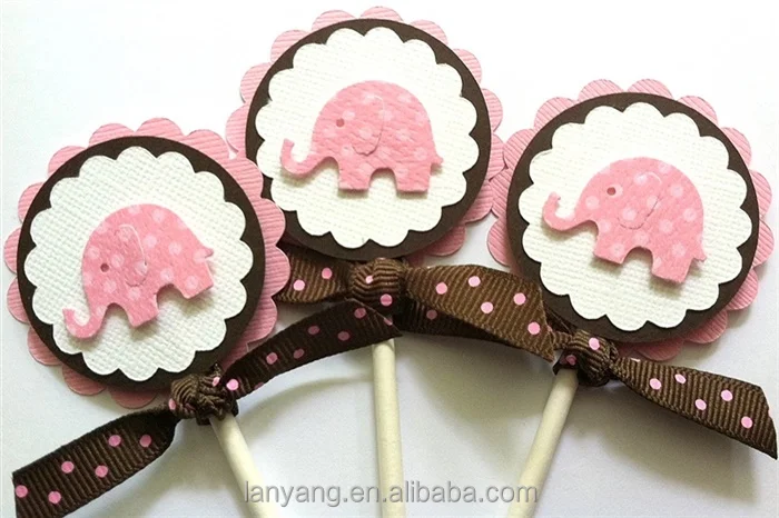 Customized Round Pink Elephant Girl Cupcake Picks Baby Shower Birthday Party Cake Decor Toppers