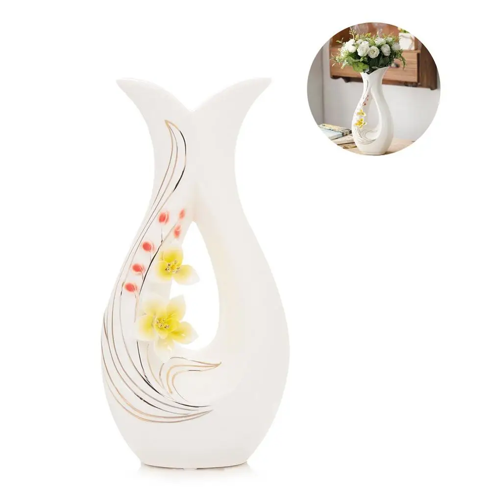 ceramic porcelain flower vase Tall White Ceramic Flower Vases,11.6 High Decorative Vases with Handmade Porcelain Yellow Flow