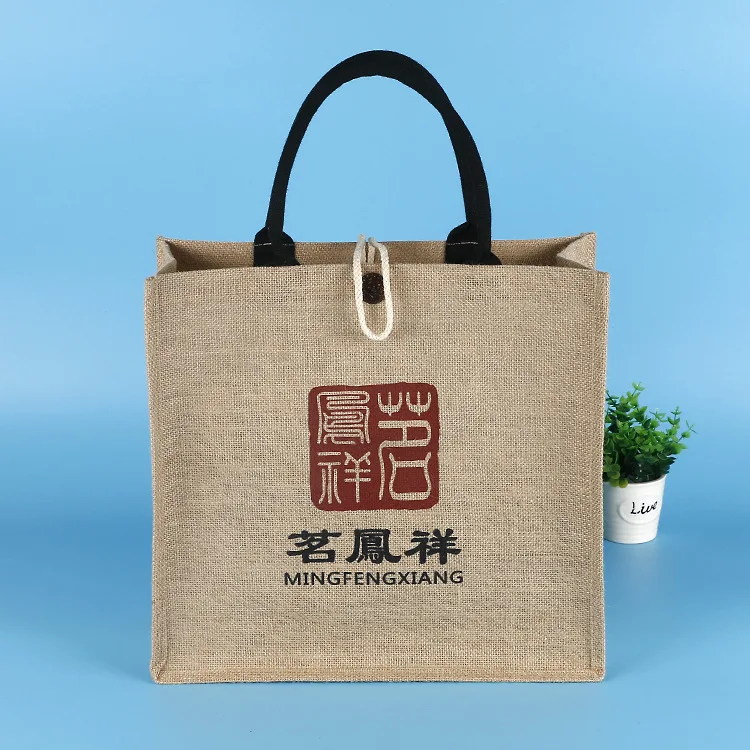 
Custom wholesale printed jute euro gift bag with black handles 