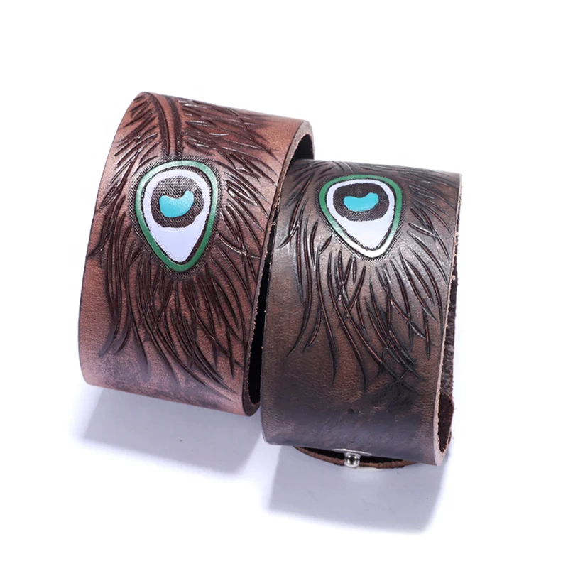Vintage Adjustable Button Women Men Peacock Feather Printed Genuine Leather Cuff Bangles & Bracelets