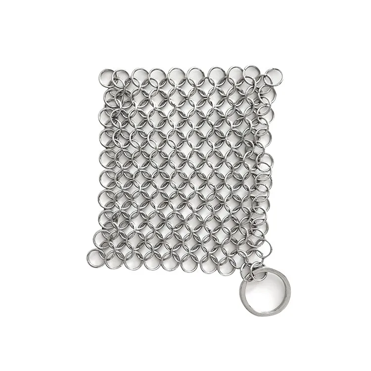 Stainless Steel Kitchen Tool Cleaning Cast Iron with Chain Mail Scrubber With Hollow Silicone Rubber Pad