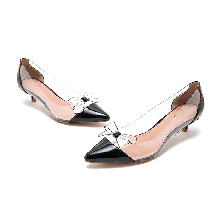 Elegant stitching patent leather mid heel transparent shoes for women