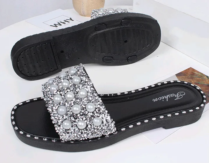 New fashion slipper flat PU footwear design woman pearl beach sandals