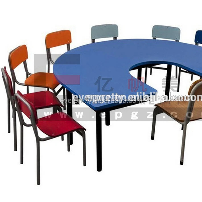 Kindergarten U shaped kids table sets, wooden KG tables and chairs, KD children tables with 9 seats