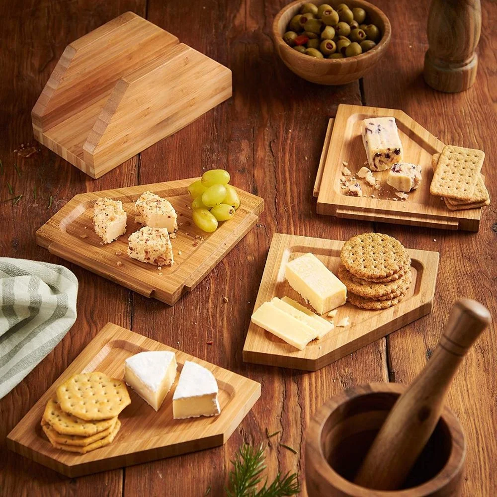 Jigsaw Platter Cheese Board with Display Stand, Natural Bamboo Wooden Charcuterie and Meat Serving Boards, 4 Connecting Coaster