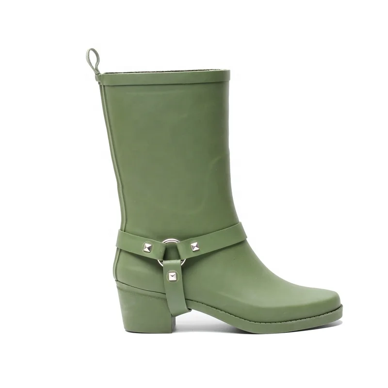 
Green Rainboots Women Mid-Calf Rubber Boots Waterproof Rubber Rainboots Women Rain Footwear With buckle 