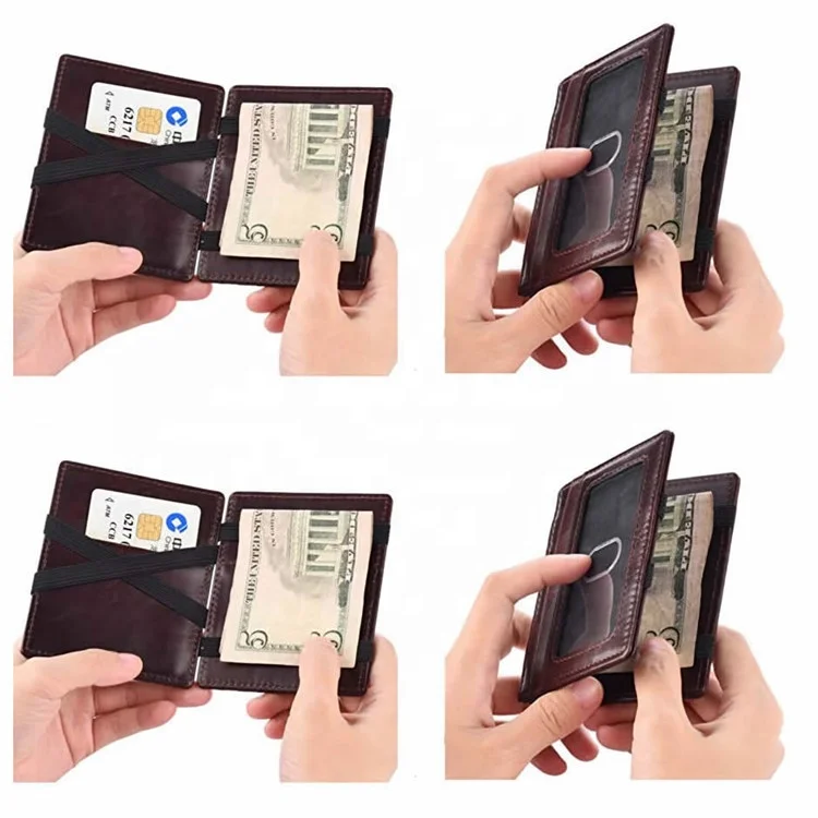 Custom Fashion Genuine Leather Minimalist RFID Blocking Slim Mens Money Magic Wallet with Elastic Straps