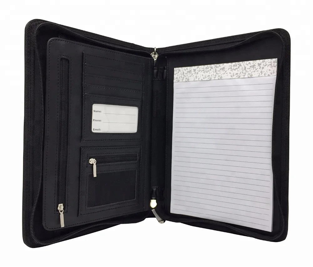 Professional Black PU Leather Portfolio Binder Organizer Zippered Portfolio Folder