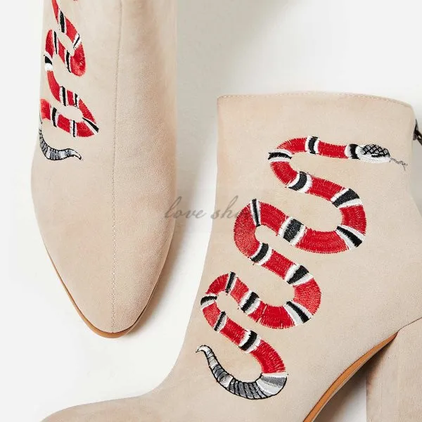 High Heeled Ankle Boots Snake embroidered in nude suede Women pointed toe booties