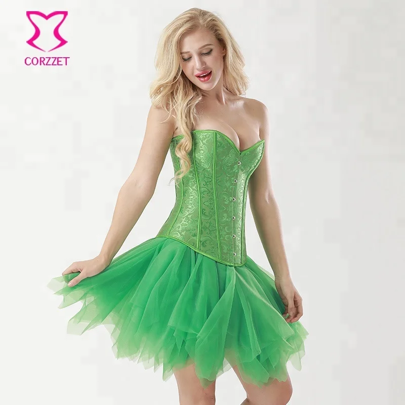 Corzzet Women Fancy Falda Cavanval Green Brocade Satin Corset Mesh Skirt Carnival Party Bridesmaid Dress Bridal Simple Clothing