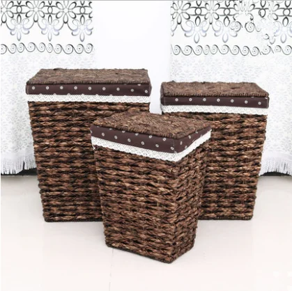 water grass hand woven brown lundry basket with cover 3/set