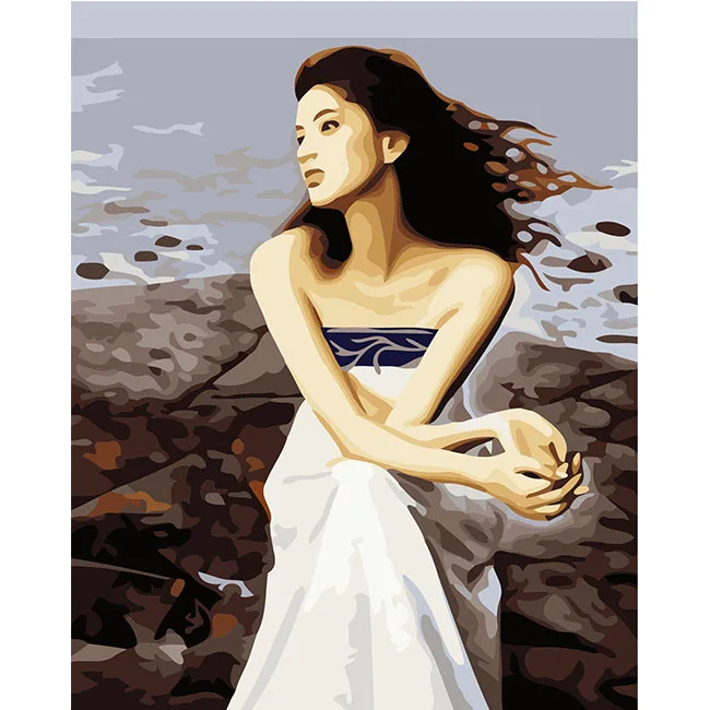 Modern portrait diy oil painting by numbers 3d beautiful girl in white dress sit on the seaside pretty picture