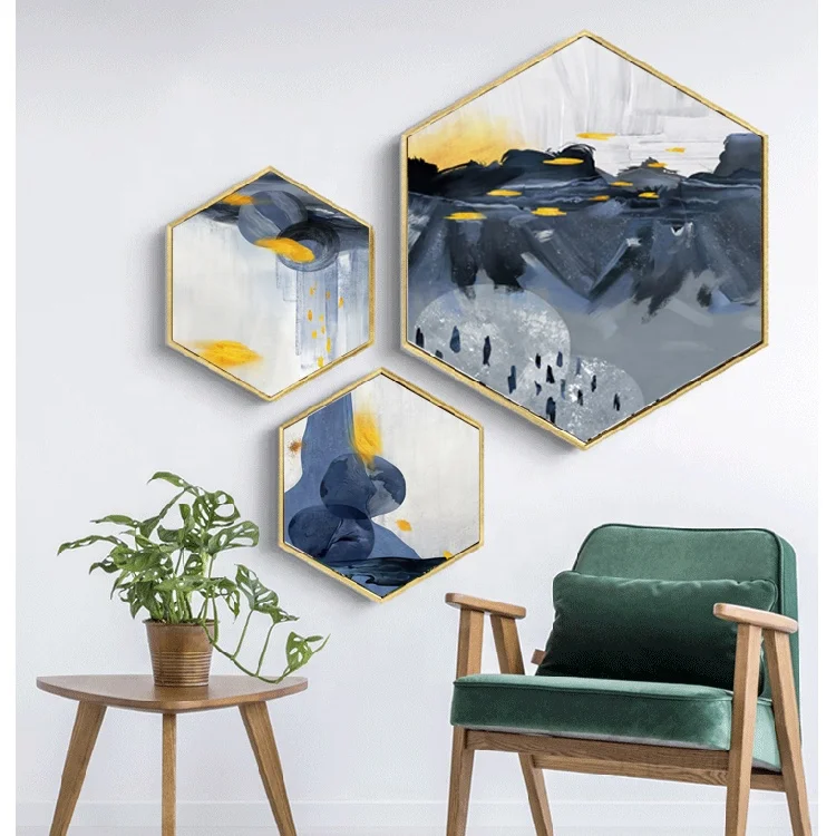 
abstract artwork giclee canvas painting with golden hexagon frame for bedroom 