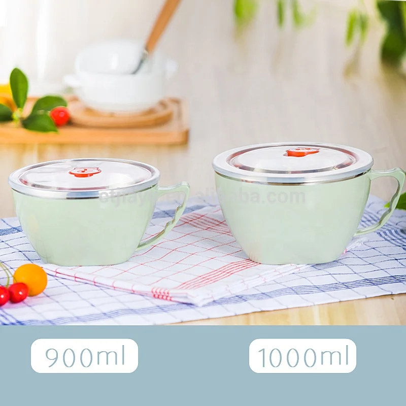 Noodle Bowl with Lid Wholesale Colorful Stainless Steel Double Insulation Plastic PP Plastic and Stainless Steel 304,metal 900ml
