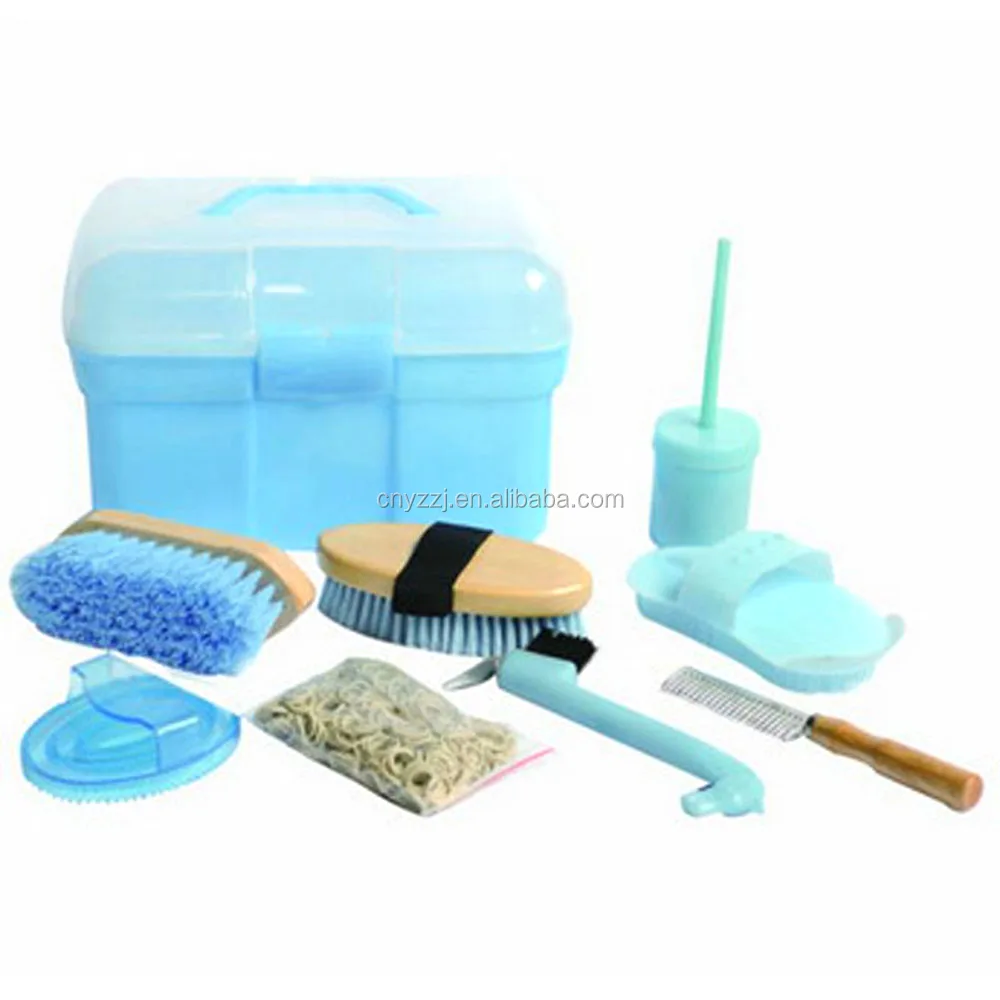 
8-Piece Horse Care Equipment Grooming Kit Box Package Brushes with Wooden Handle Black 